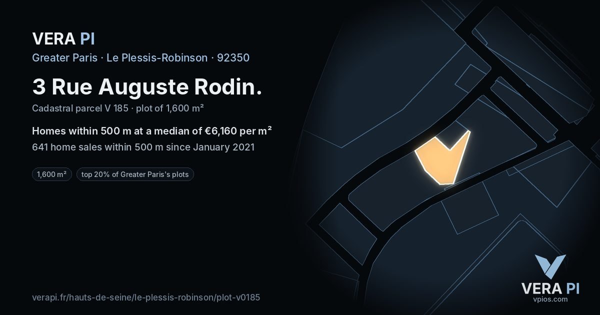 3 Rue Auguste Rodin, Le Plessis-Robinson at night – the plot lit, the parcels around coloured by the prices near them
