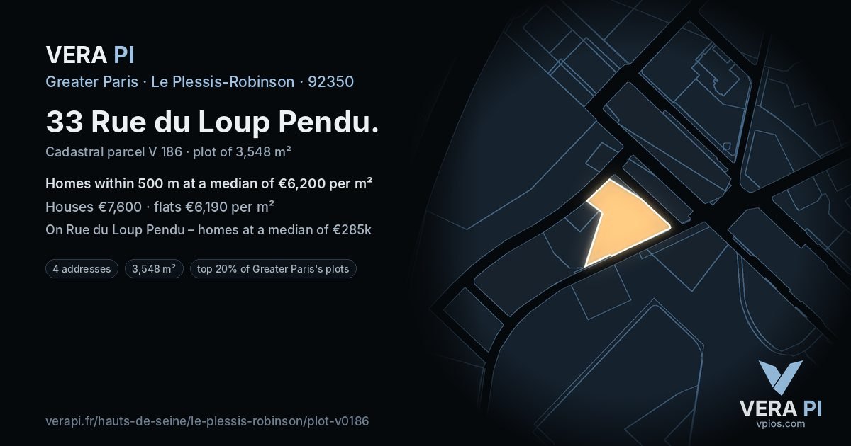 33 Rue du Loup Pendu, Le Plessis-Robinson at night – the plot lit, the parcels around coloured by the prices near them
