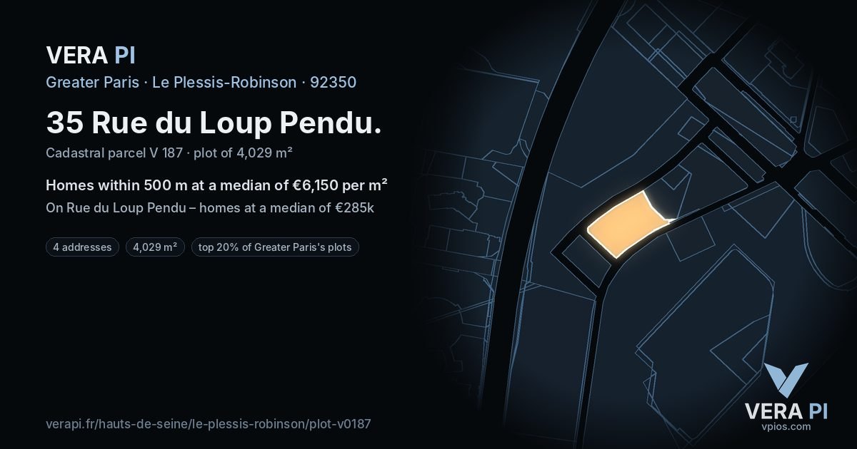 35 Rue du Loup Pendu, Le Plessis-Robinson at night – the plot lit, the parcels around coloured by the prices near them