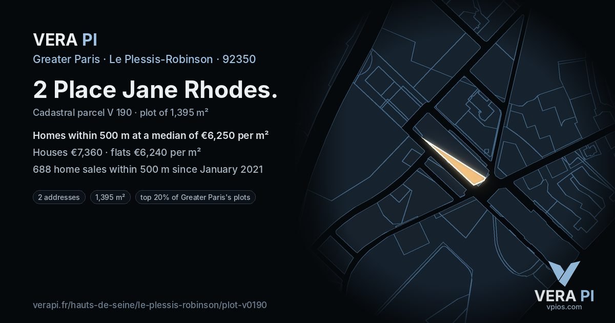 2 Place Jane Rhodes, Le Plessis-Robinson at night – the plot lit, the parcels around coloured by the prices near them