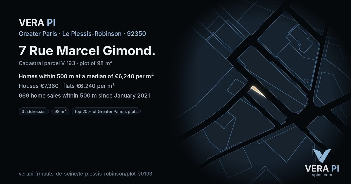 7 Rue Marcel Gimond, Le Plessis-Robinson at night – the plot lit, the parcels around coloured by the prices near them