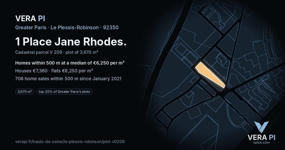 1 Place Jane Rhodes, Le Plessis-Robinson at night – the plot lit, the parcels around coloured by the prices near them
