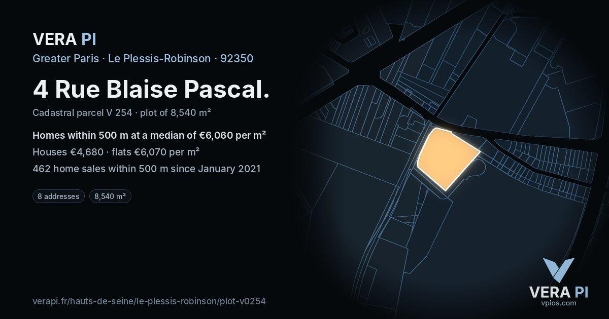 4 Rue Blaise Pascal, Le Plessis-Robinson at night – the plot lit, the parcels around coloured by the prices near them