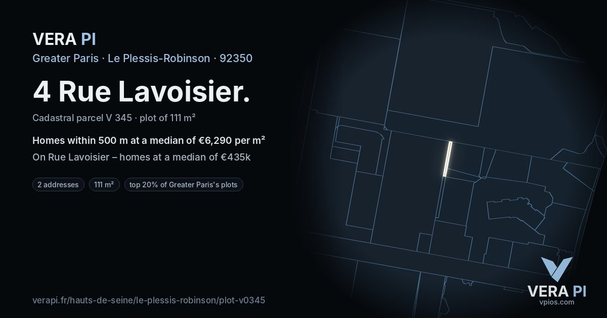 4 Rue Lavoisier, Le Plessis-Robinson at night – the plot lit, the parcels around coloured by the prices near them