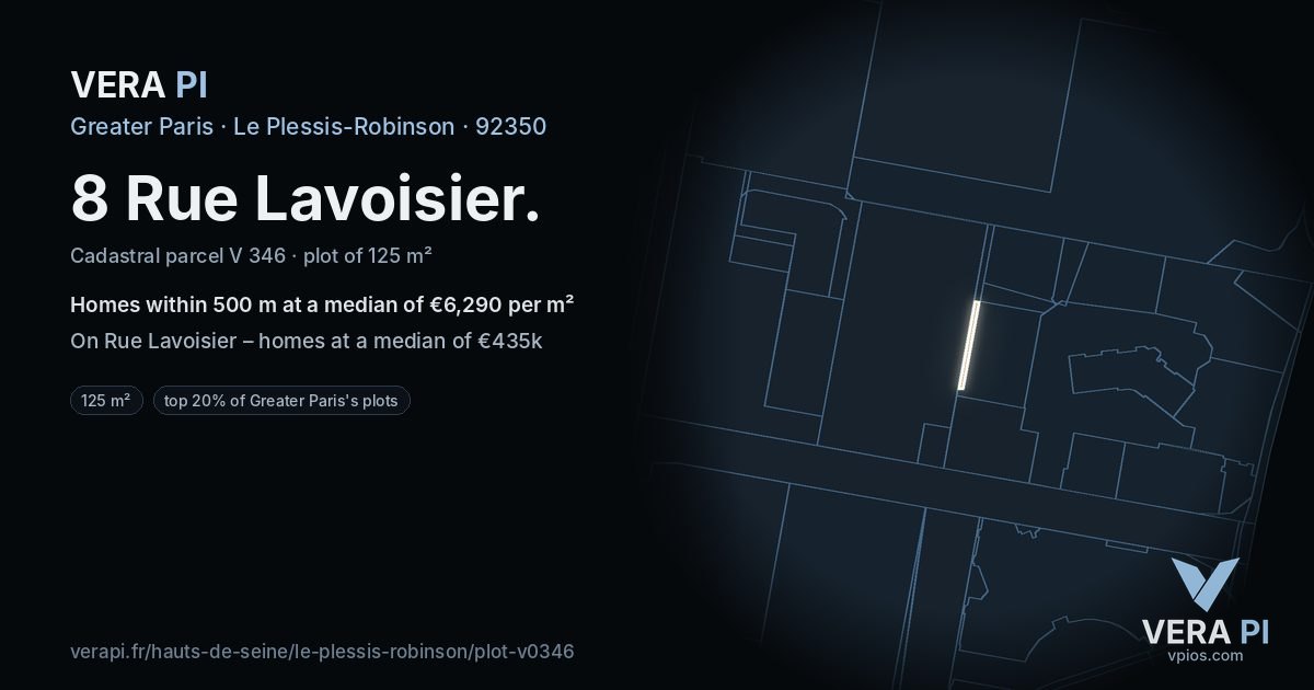 8 Rue Lavoisier, Le Plessis-Robinson at night – the plot lit, the parcels around coloured by the prices near them