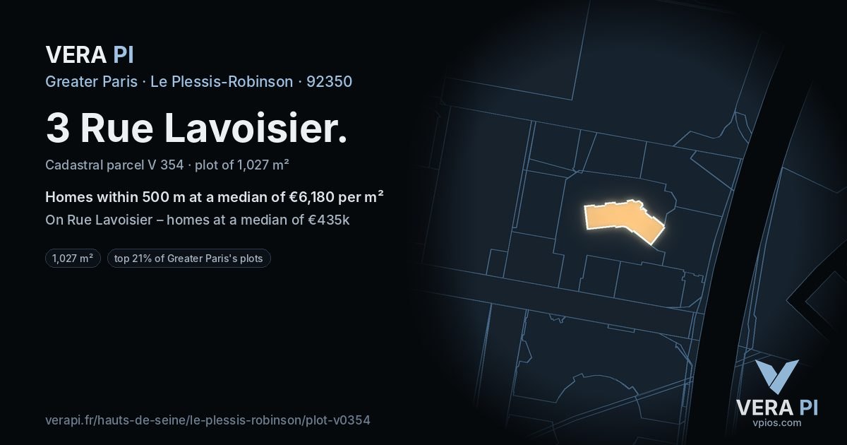 3 Rue Lavoisier, Le Plessis-Robinson at night – the plot lit, the parcels around coloured by the prices near them