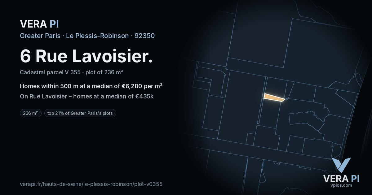 6 Rue Lavoisier, Le Plessis-Robinson at night – the plot lit, the parcels around coloured by the prices near them