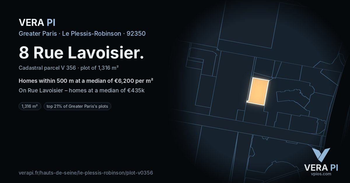 8 Rue Lavoisier, Le Plessis-Robinson at night – the plot lit, the parcels around coloured by the prices near them