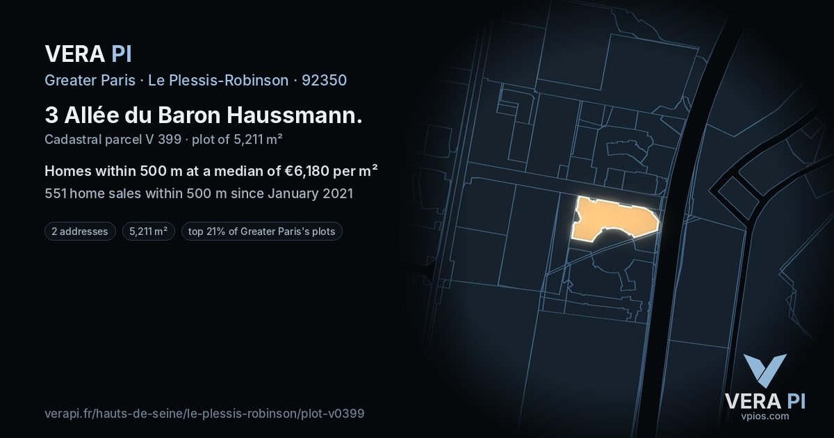 3 Allée du Baron Haussmann, Le Plessis-Robinson at night – the plot lit, the parcels around coloured by the prices near them