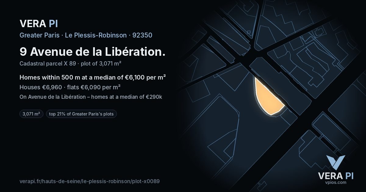 9 Avenue de la Libération, Le Plessis-Robinson at night – the plot lit, the parcels around coloured by the prices near them