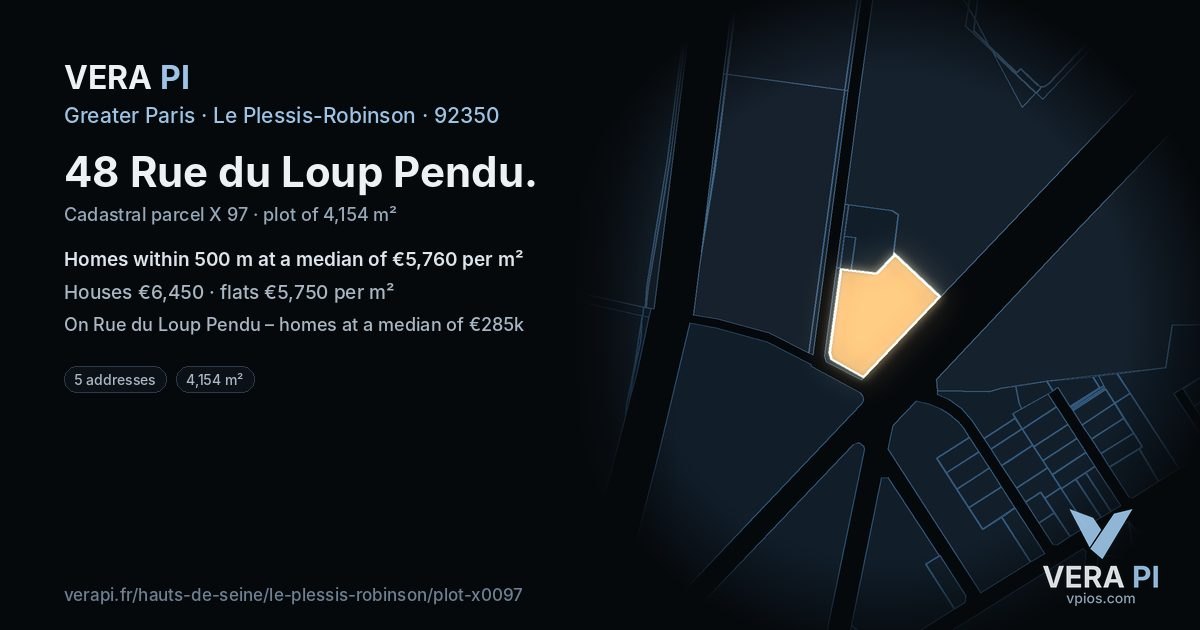 48 Rue du Loup Pendu, Le Plessis-Robinson at night – the plot lit, the parcels around coloured by the prices near them