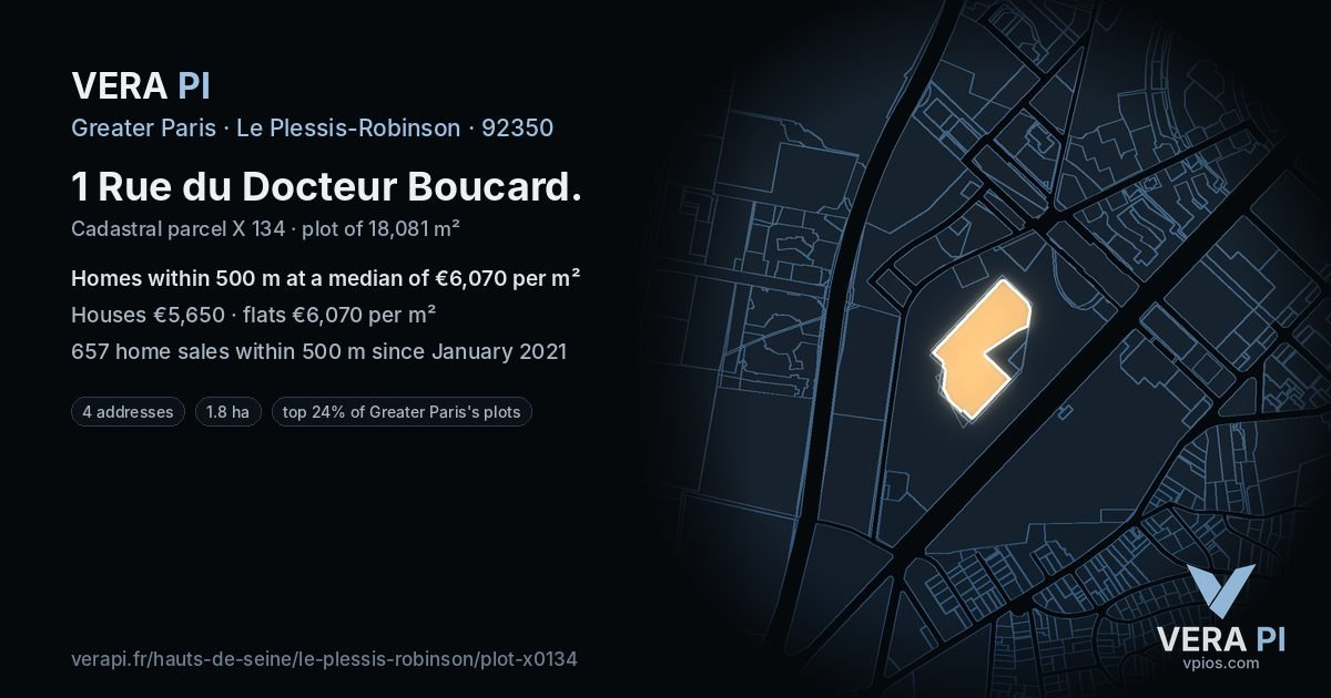 1 Rue du Docteur Boucard, Le Plessis-Robinson at night – the plot lit, the parcels around coloured by the prices near them