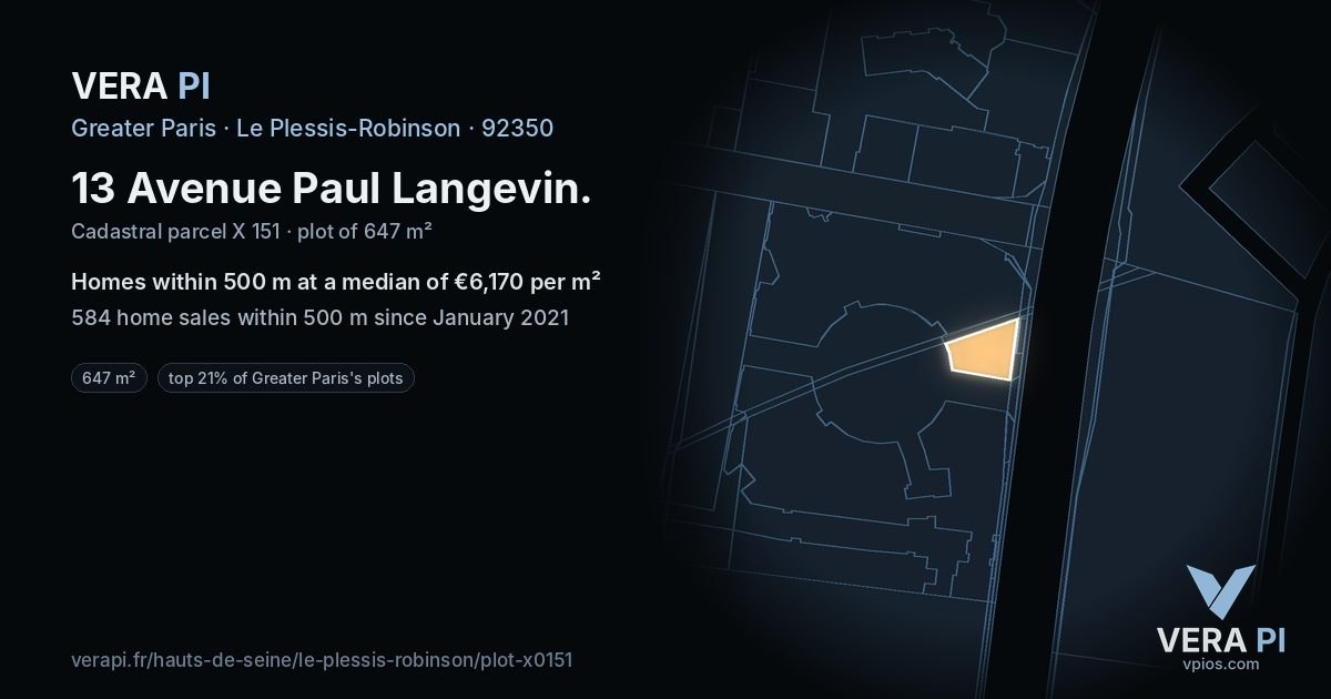 13 Avenue Paul Langevin, Le Plessis-Robinson at night – the plot lit, the parcels around coloured by the prices near them