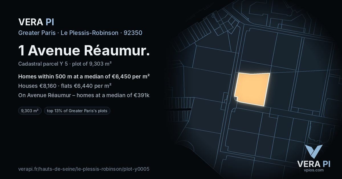 1 Avenue Réaumur, Le Plessis-Robinson at night – the plot lit, the parcels around coloured by the prices near them