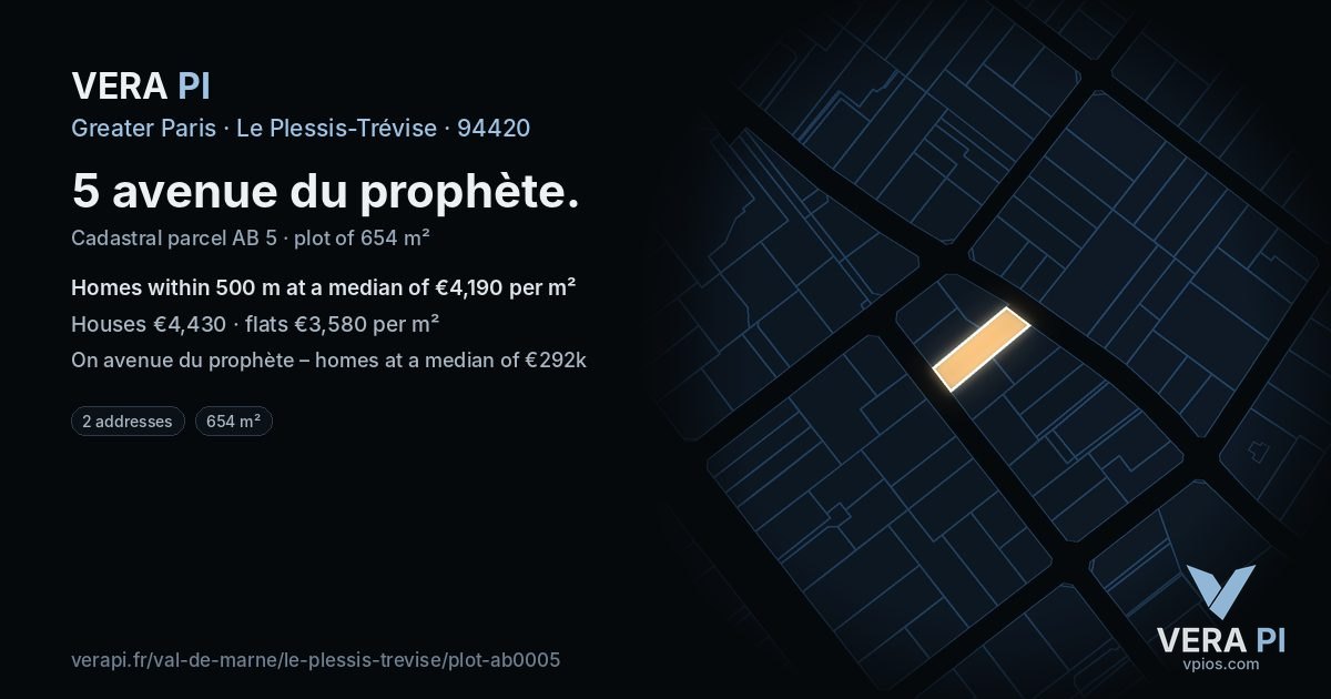 5 avenue du prophète, Le Plessis-Trévise at night – the plot lit, the parcels around coloured by the prices near them