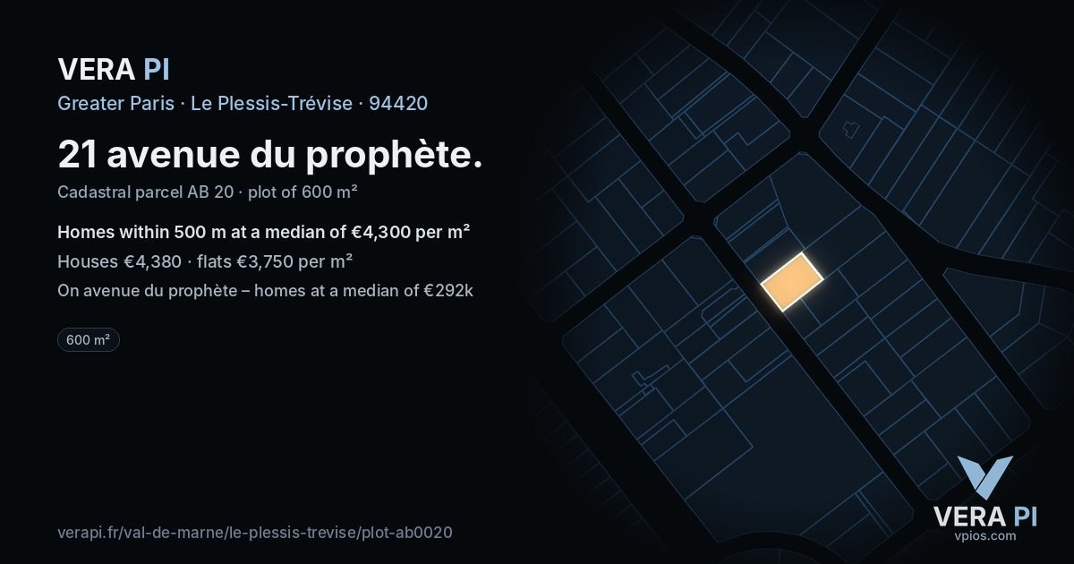 21 avenue du prophète, Le Plessis-Trévise at night – the plot lit, the parcels around coloured by the prices near them