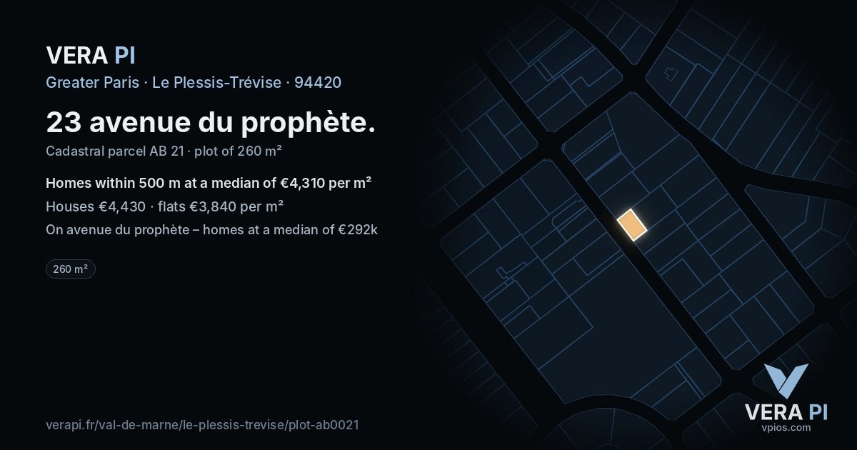 23 avenue du prophète, Le Plessis-Trévise at night – the plot lit, the parcels around coloured by the prices near them
