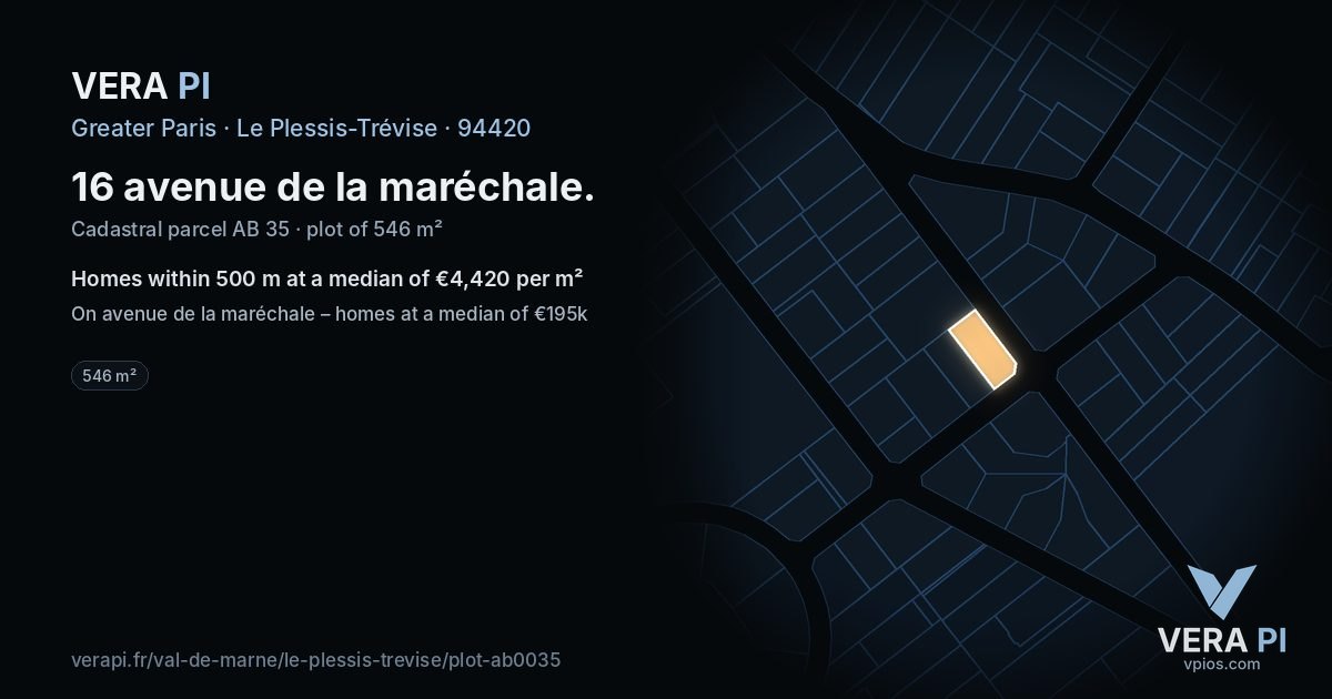 16 avenue de la maréchale, Le Plessis-Trévise at night – the plot lit, the parcels around coloured by the prices near them