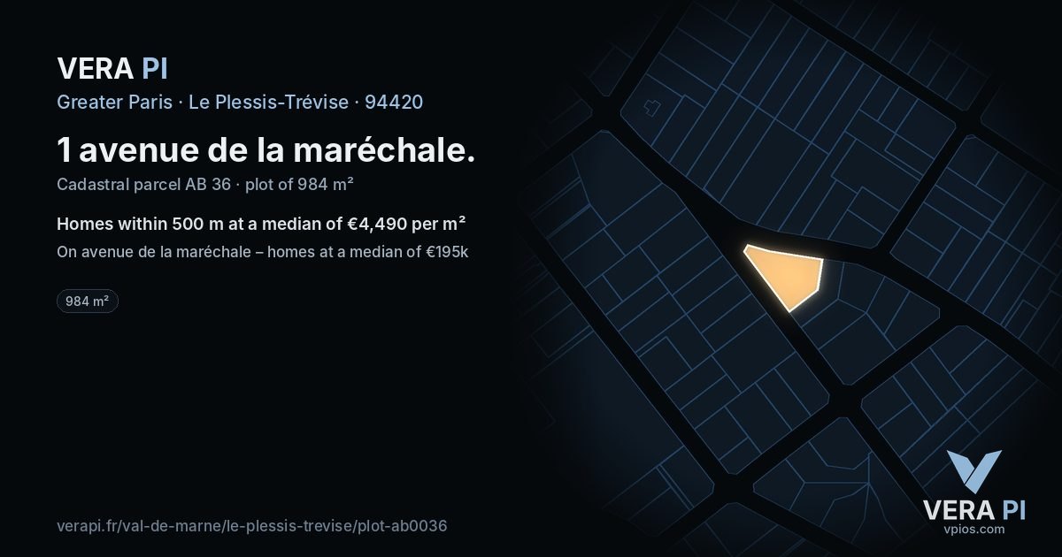 1 avenue de la maréchale, Le Plessis-Trévise at night – the plot lit, the parcels around coloured by the prices near them