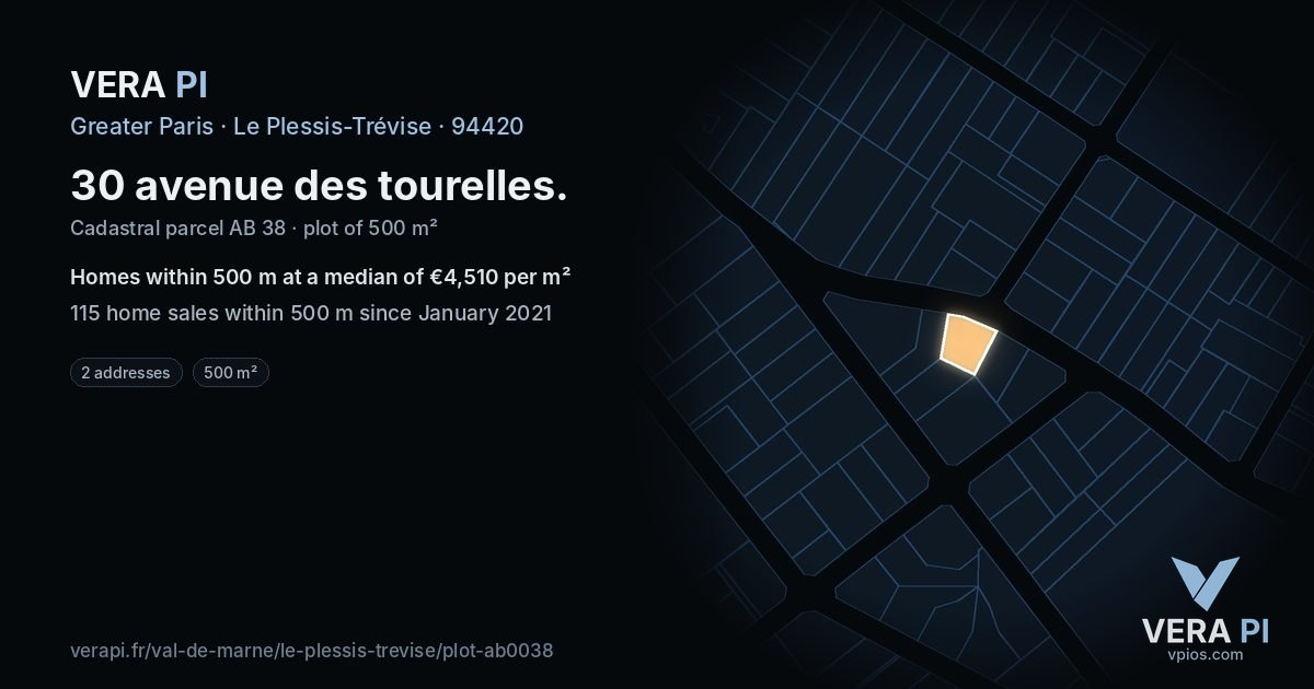 30 avenue des tourelles, Le Plessis-Trévise at night – the plot lit, the parcels around coloured by the prices near them