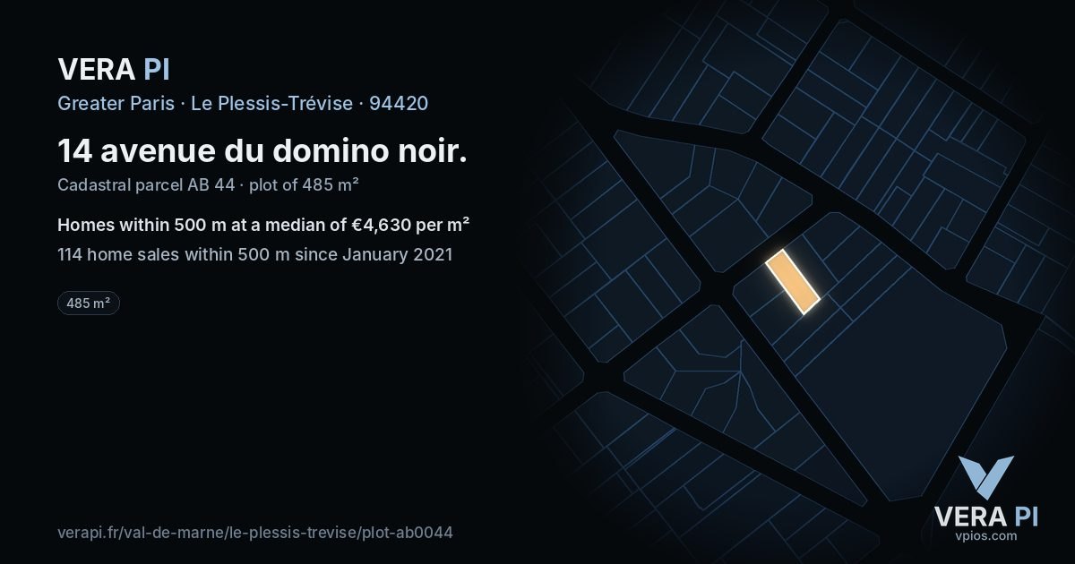 14 avenue du domino noir, Le Plessis-Trévise at night – the plot lit, the parcels around coloured by the prices near them