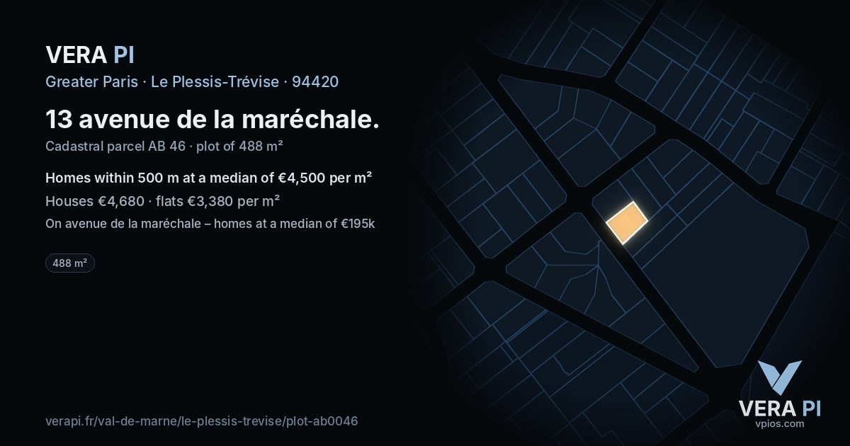 13 avenue de la maréchale, Le Plessis-Trévise at night – the plot lit, the parcels around coloured by the prices near them