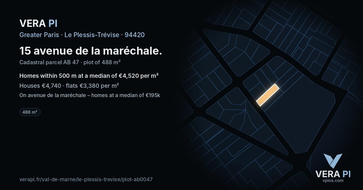 15 avenue de la maréchale, Le Plessis-Trévise at night – the plot lit, the parcels around coloured by the prices near them