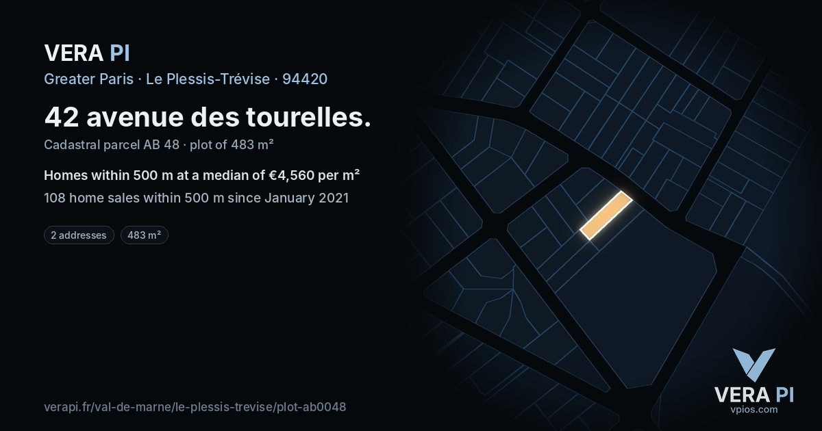 42 avenue des tourelles, Le Plessis-Trévise at night – the plot lit, the parcels around coloured by the prices near them