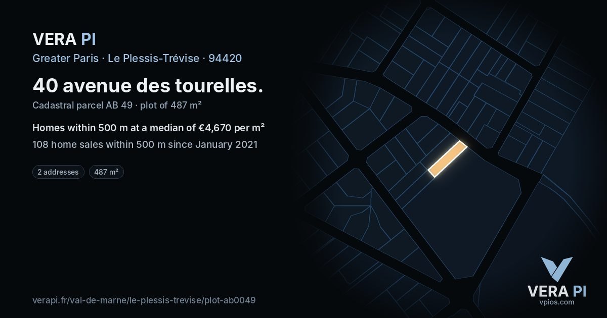 40 avenue des tourelles, Le Plessis-Trévise at night – the plot lit, the parcels around coloured by the prices near them