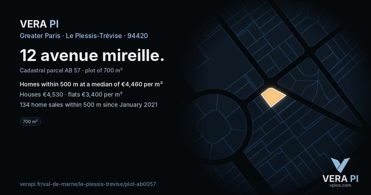 12 avenue mireille, Le Plessis-Trévise at night – the plot lit, the parcels around coloured by the prices near them