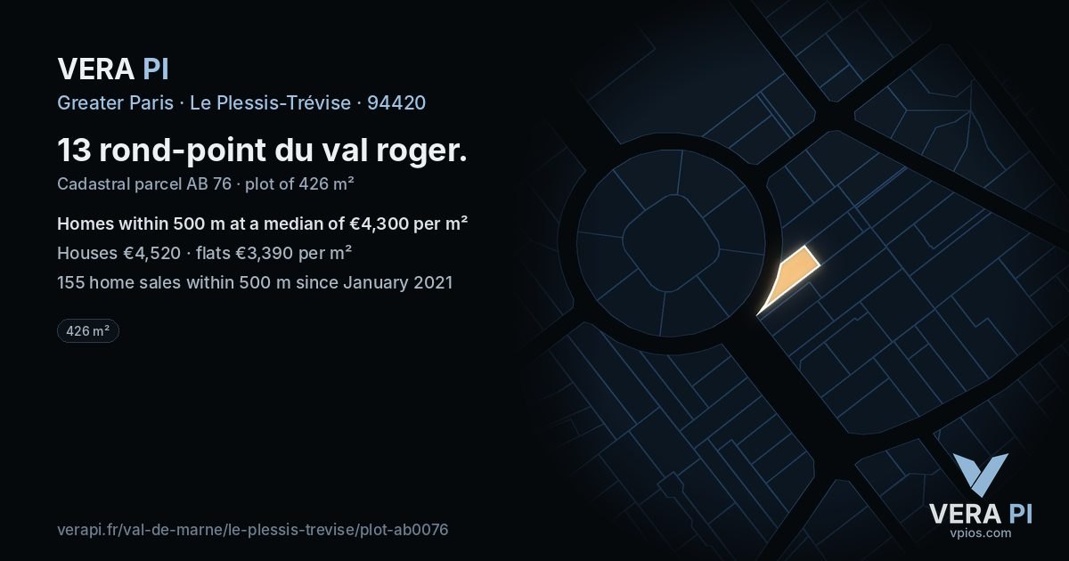 13 rond-point du val roger, Le Plessis-Trévise at night – the plot lit, the parcels around coloured by the prices near them