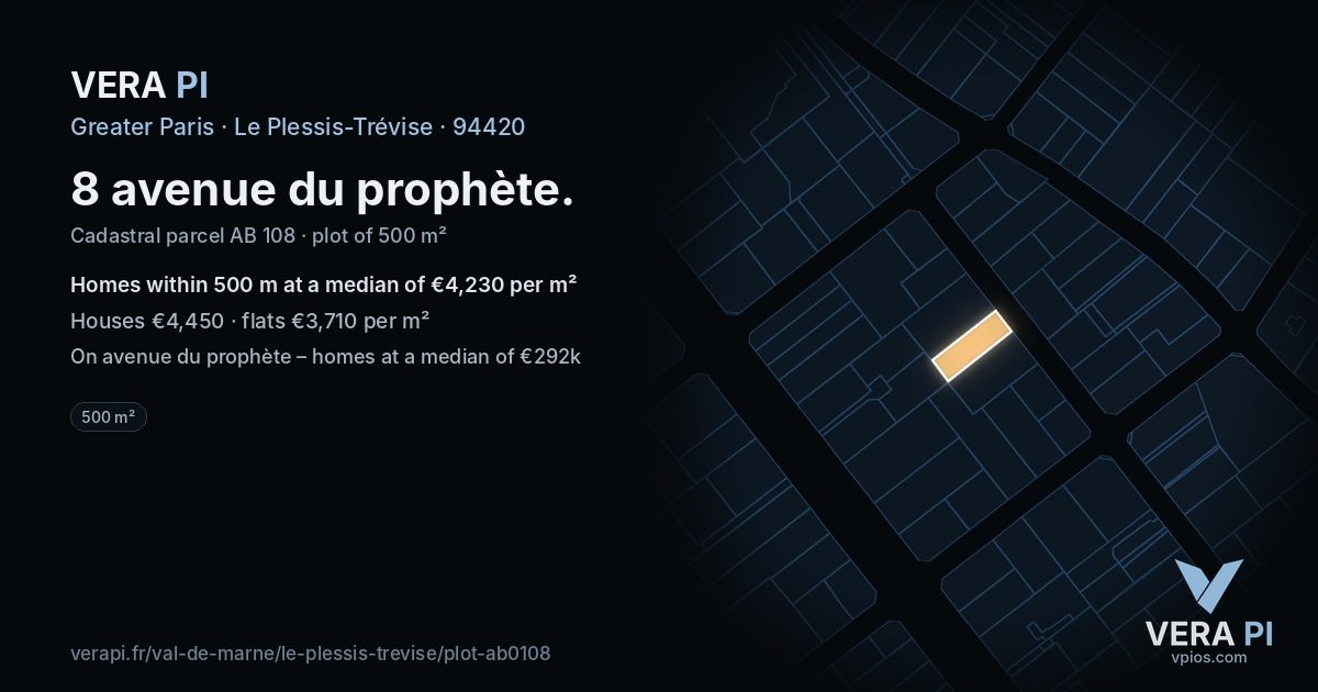8 avenue du prophète, Le Plessis-Trévise at night – the plot lit, the parcels around coloured by the prices near them