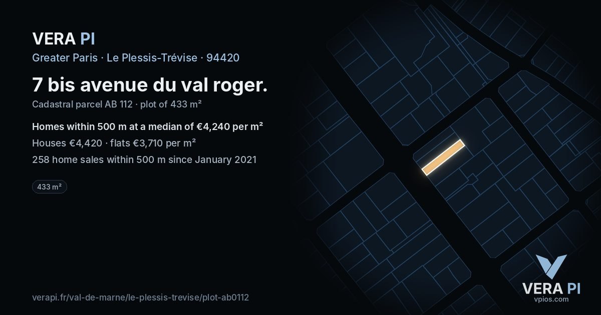 7 bis avenue du val roger, Le Plessis-Trévise at night – the plot lit, the parcels around coloured by the prices near them