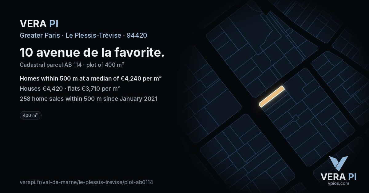 10 avenue de la favorite, Le Plessis-Trévise at night – the plot lit, the parcels around coloured by the prices near them