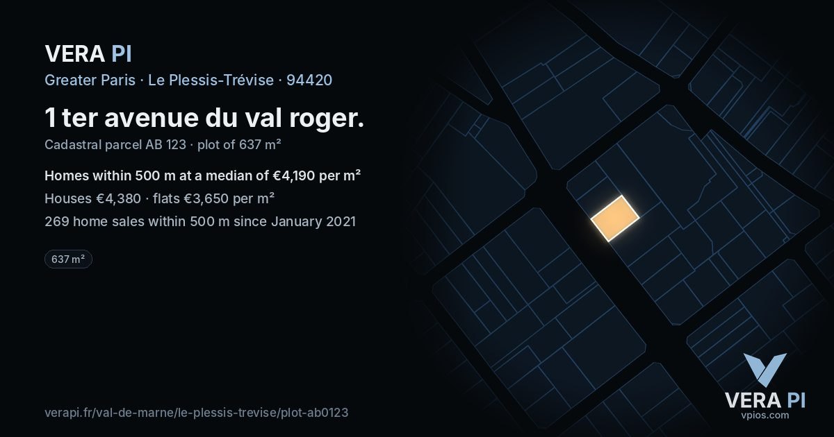 1 ter avenue du val roger, Le Plessis-Trévise at night – the plot lit, the parcels around coloured by the prices near them
