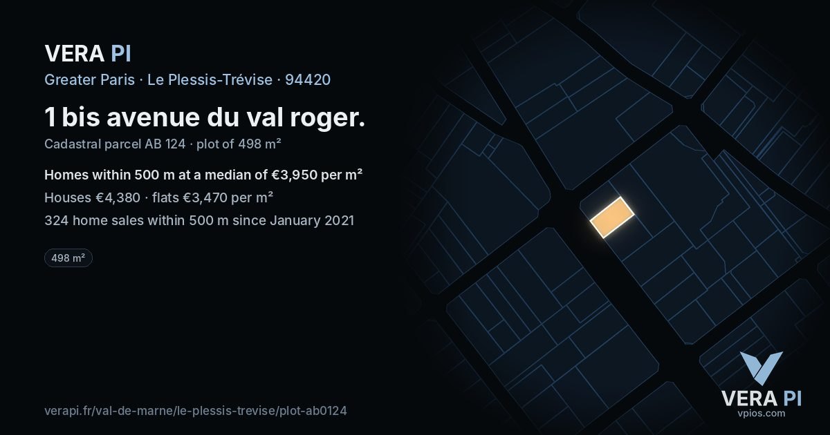 1 bis avenue du val roger, Le Plessis-Trévise at night – the plot lit, the parcels around coloured by the prices near them