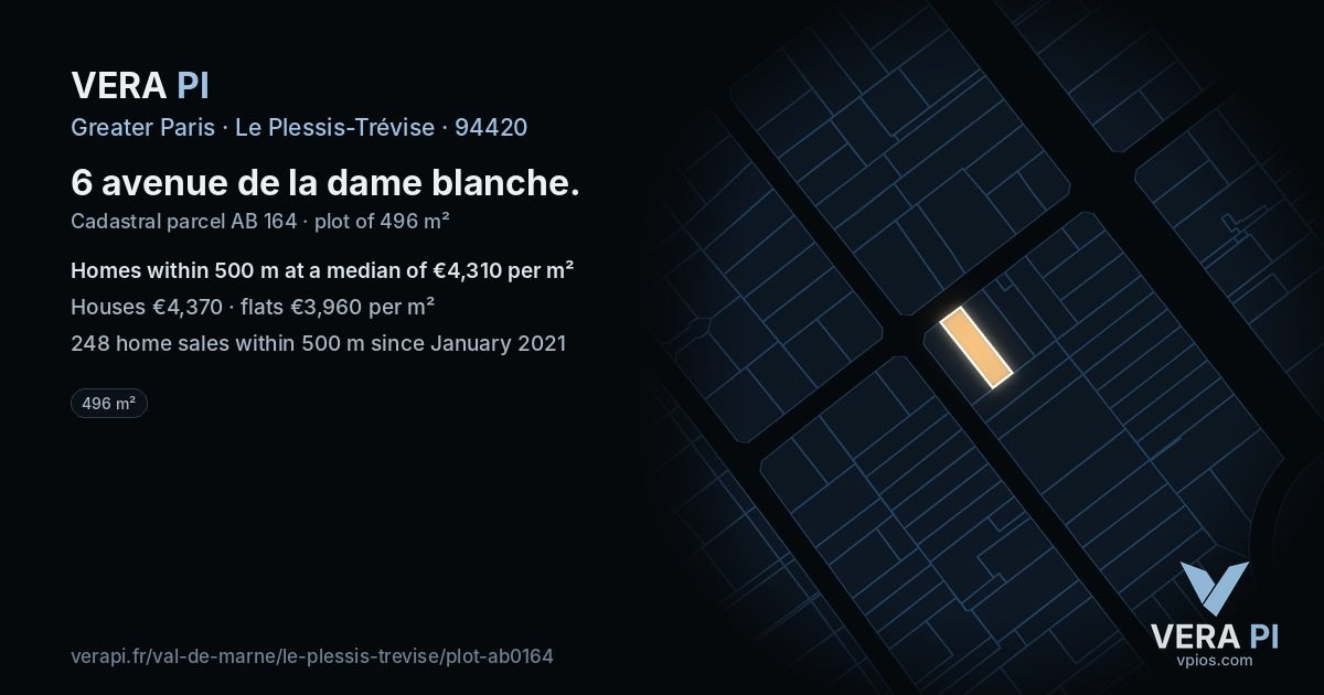6 avenue de la dame blanche, Le Plessis-Trévise at night – the plot lit, the parcels around coloured by the prices near them