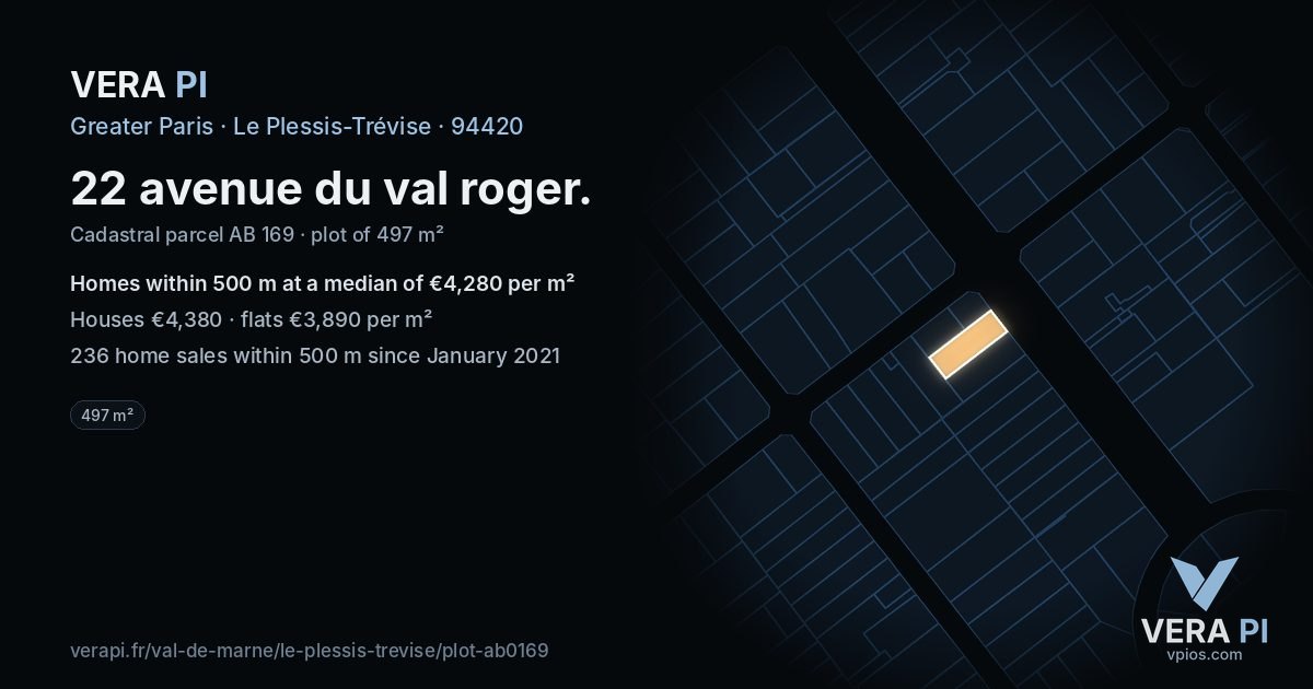 22 avenue du val roger, Le Plessis-Trévise at night – the plot lit, the parcels around coloured by the prices near them
