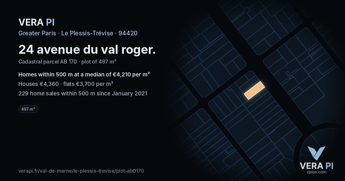 24 avenue du val roger, Le Plessis-Trévise at night – the plot lit, the parcels around coloured by the prices near them
