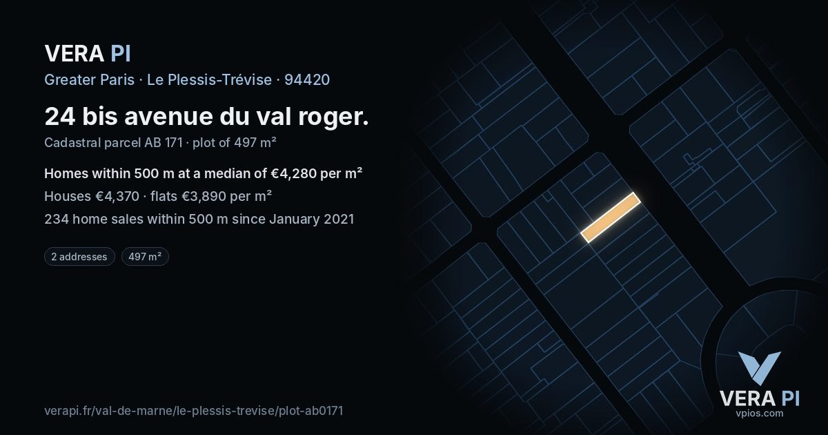 24 bis avenue du val roger, Le Plessis-Trévise at night – the plot lit, the parcels around coloured by the prices near them