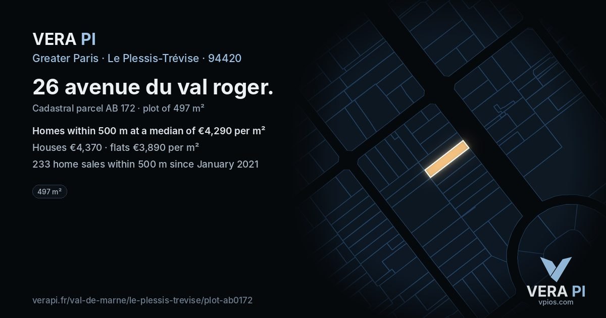 26 avenue du val roger, Le Plessis-Trévise at night – the plot lit, the parcels around coloured by the prices near them