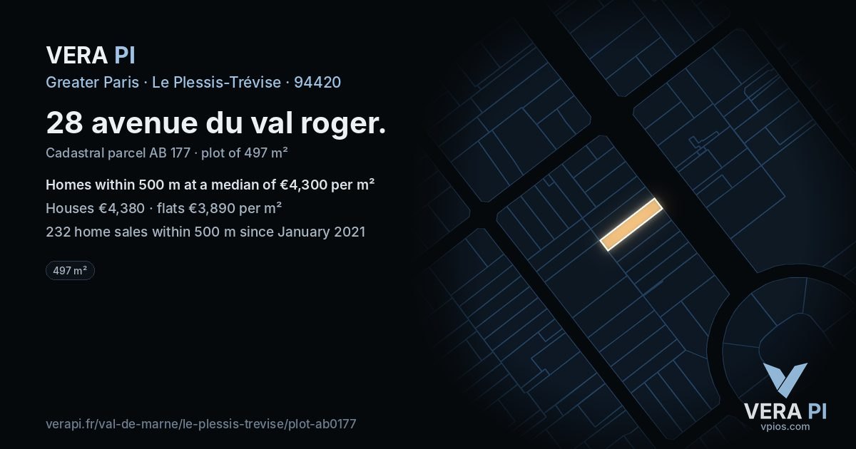 28 avenue du val roger, Le Plessis-Trévise at night – the plot lit, the parcels around coloured by the prices near them