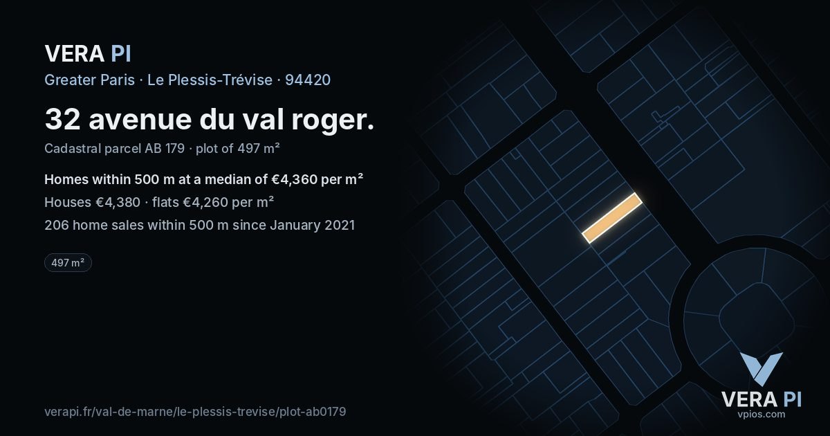 32 avenue du val roger, Le Plessis-Trévise at night – the plot lit, the parcels around coloured by the prices near them