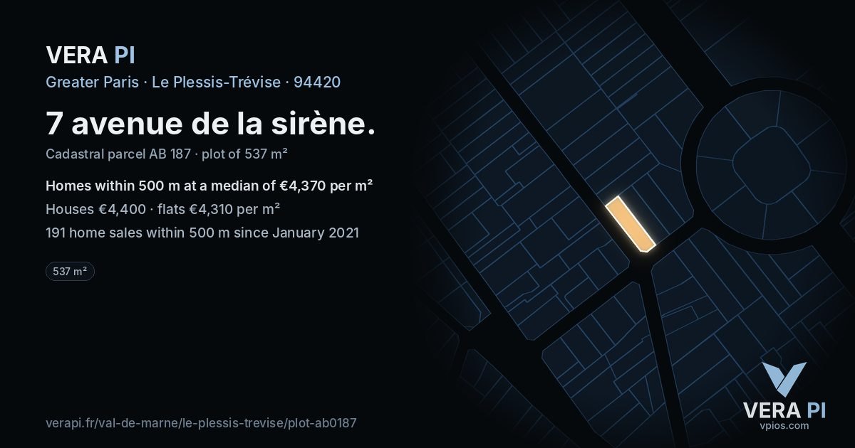 7 avenue de la sirène, Le Plessis-Trévise at night – the plot lit, the parcels around coloured by the prices near them