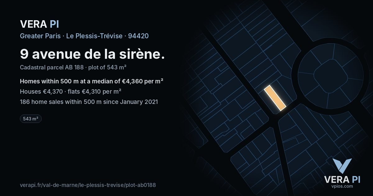 9 avenue de la sirène, Le Plessis-Trévise at night – the plot lit, the parcels around coloured by the prices near them