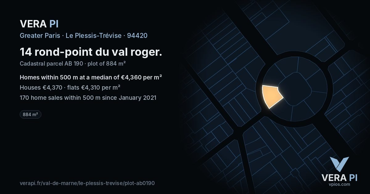 14 rond-point du val roger, Le Plessis-Trévise at night – the plot lit, the parcels around coloured by the prices near them