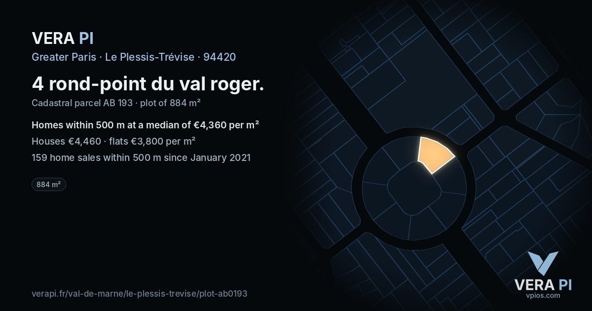 4 rond-point du val roger, Le Plessis-Trévise at night – the plot lit, the parcels around coloured by the prices near them