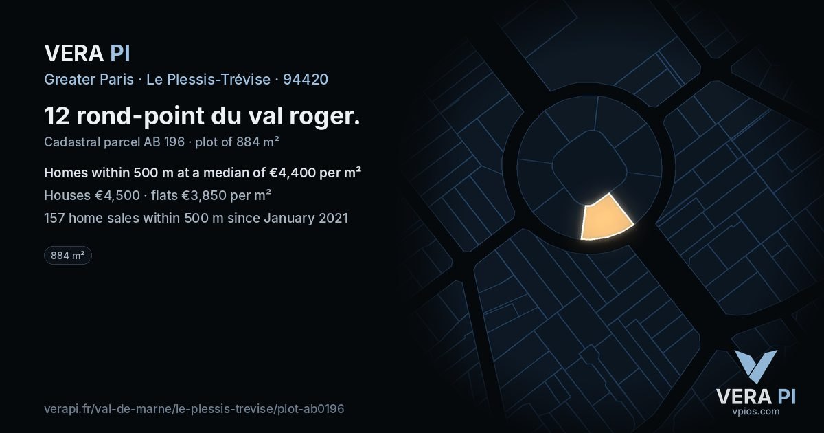 12 rond-point du val roger, Le Plessis-Trévise at night – the plot lit, the parcels around coloured by the prices near them