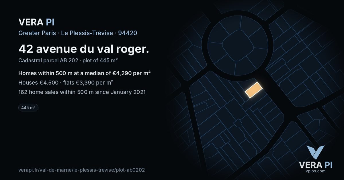 42 avenue du val roger, Le Plessis-Trévise at night – the plot lit, the parcels around coloured by the prices near them