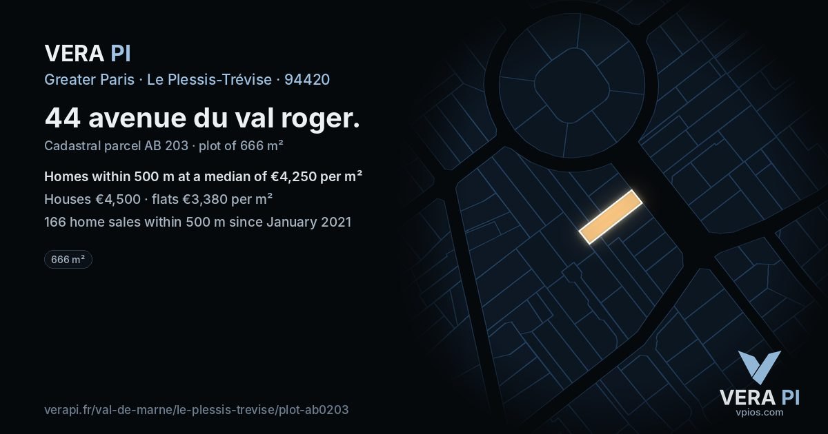 44 avenue du val roger, Le Plessis-Trévise at night – the plot lit, the parcels around coloured by the prices near them